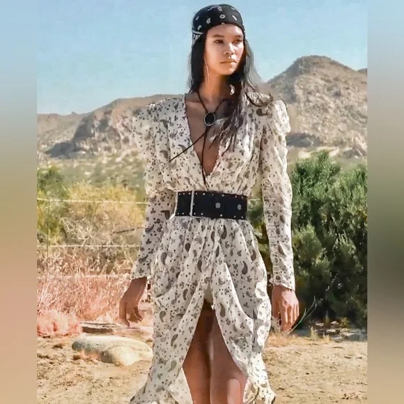 FOR LOVE & LEMONS Sand Paisley Long Sleeve Midi Dress in White